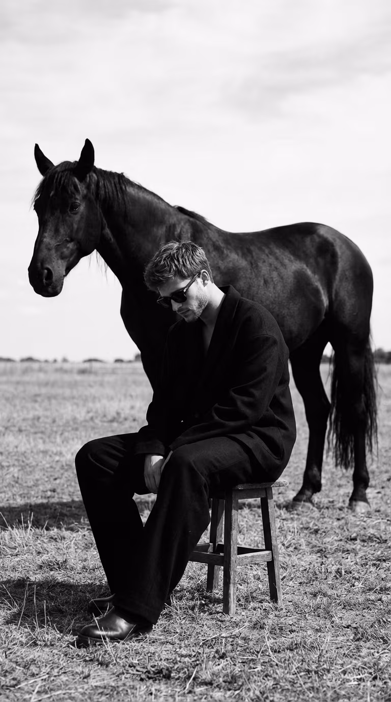 Heavy Silence aura farm prompt example - monochrome fashion portrait